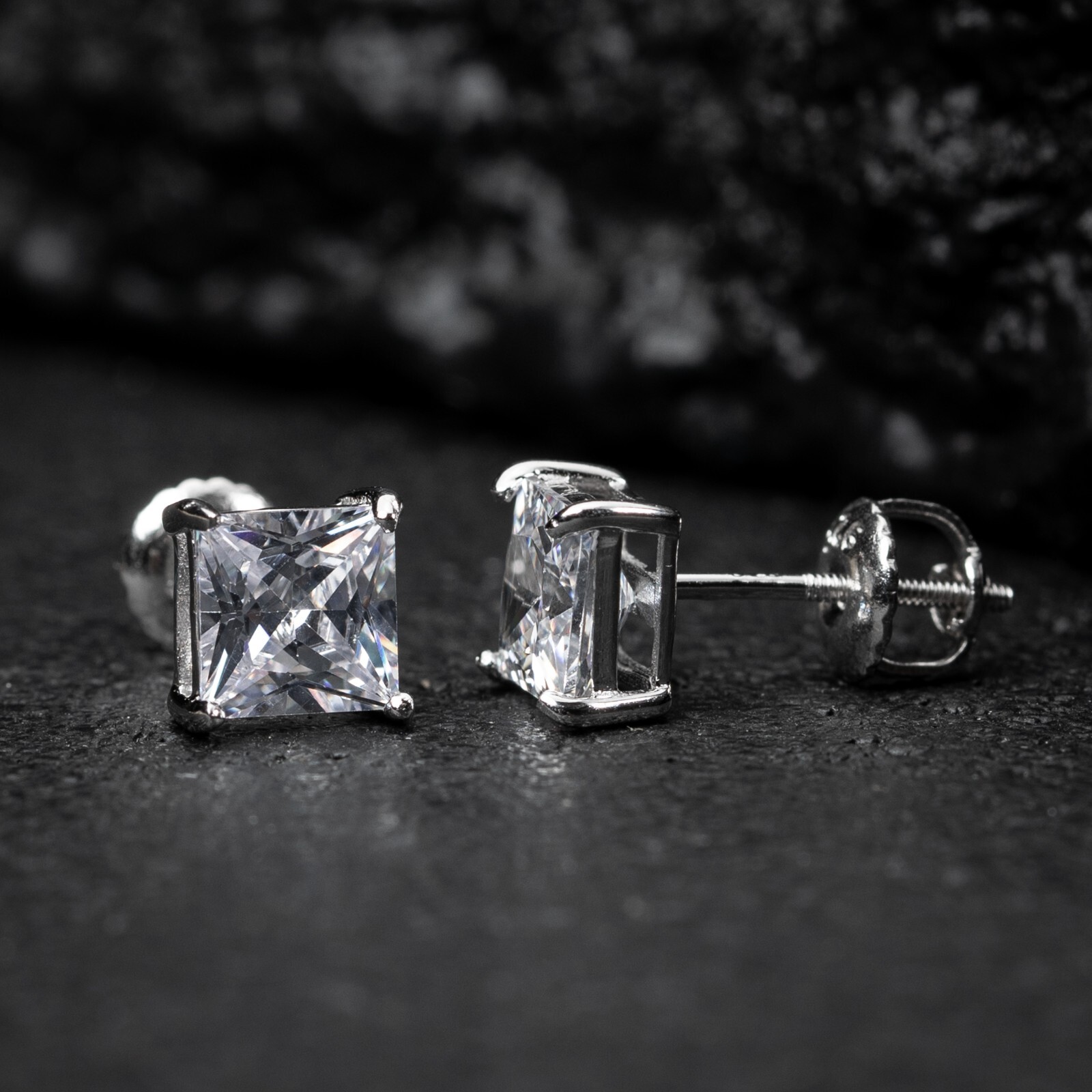 Square Princess Cut Sterling Silver 6mm Unisex Small Screw Back Stud Earrings