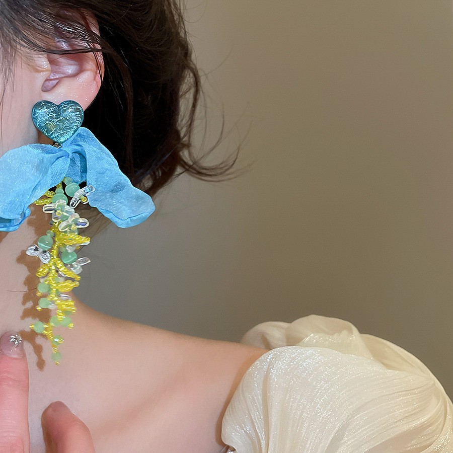 Vintage Sweet Lolita Blue Heart Bow Tassel Dangle Earrings Floral Bead Drop