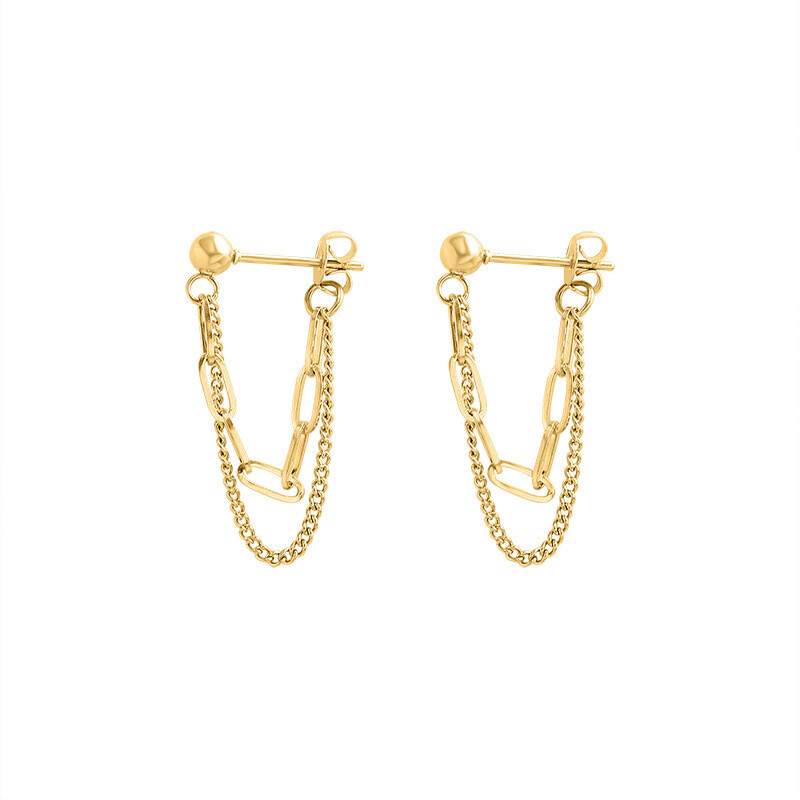 Woman Gold Plated Stainless Steel Two Layers Hollow Box Link Chain Earring Stud