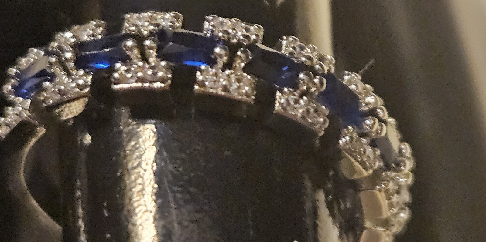 Silver Tone Ring with Blue and White Synthetic Zircon Stones, Size 8