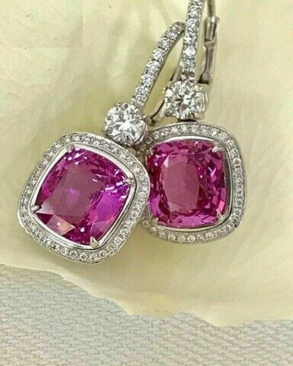 4Ct Cushion Cut Pink Ruby Drop Dangle Earrings 14K White Gold Finish