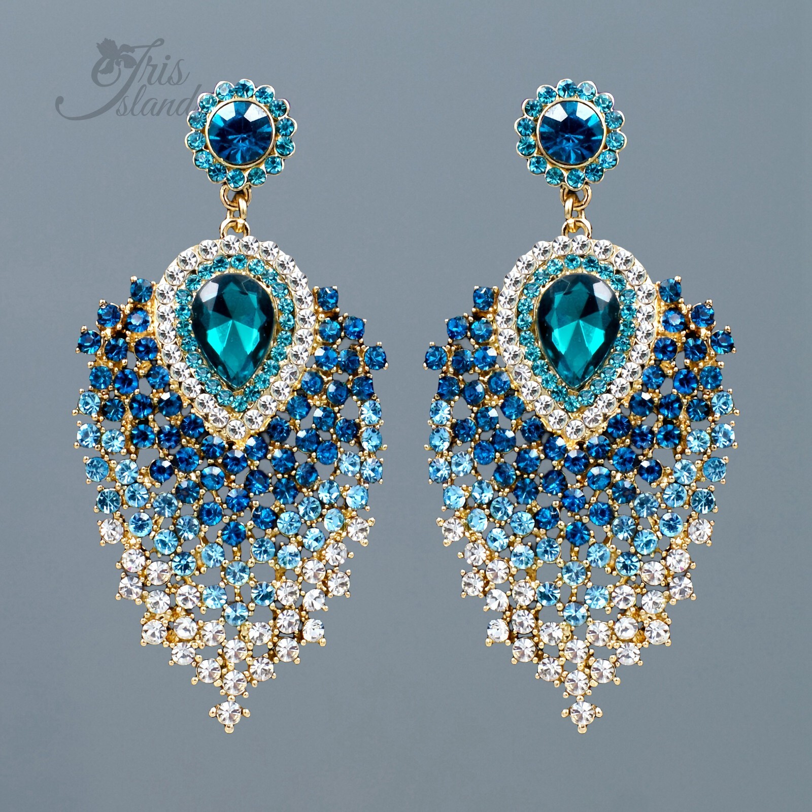 Women Gold Plated Aqua Blue Crystal Peacock Feathers Drop Dangle Earrings 04677