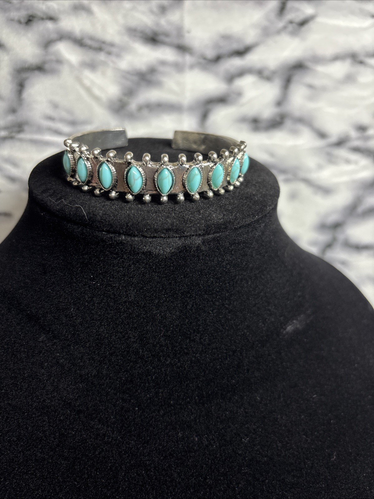 Silver Tone Faux Turquoise Stones Open Bangle Cuff Bracelet Boho Southwestern