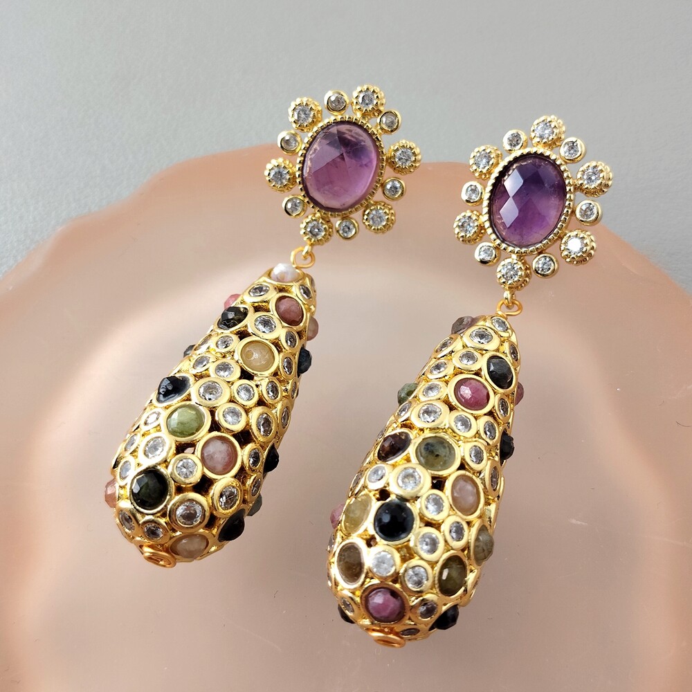 Gold Plated Amethyst Tourmaline Gemstone Dangle Stud Earrings Trendy Jewelry