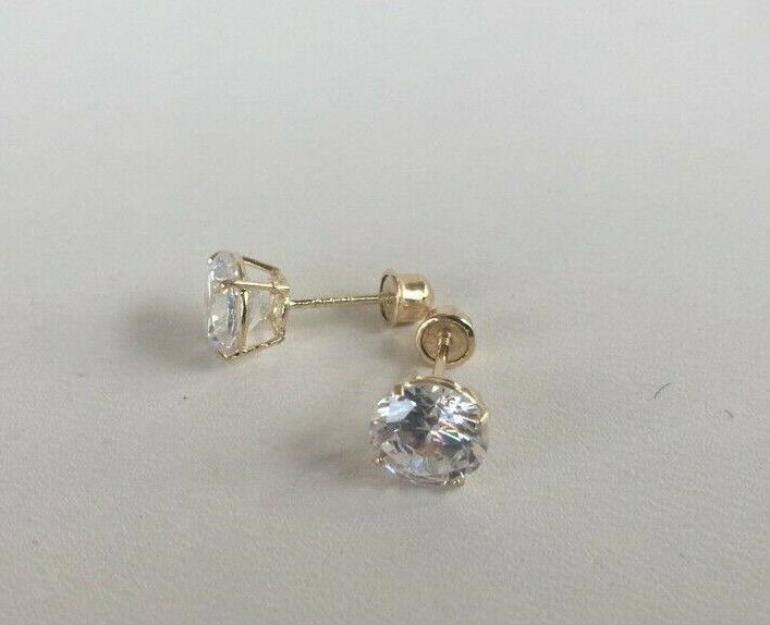14K SOLID YELLOW GOLD STUD EARRINGS W/ 2 CARATS LAB SIMULATED DIAMONDS/ 6MM