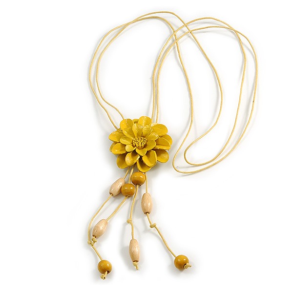 Daisy Flower Leather Pendant with Long Cotton Cord/ Yellow/ 80cm L/ Adjustable