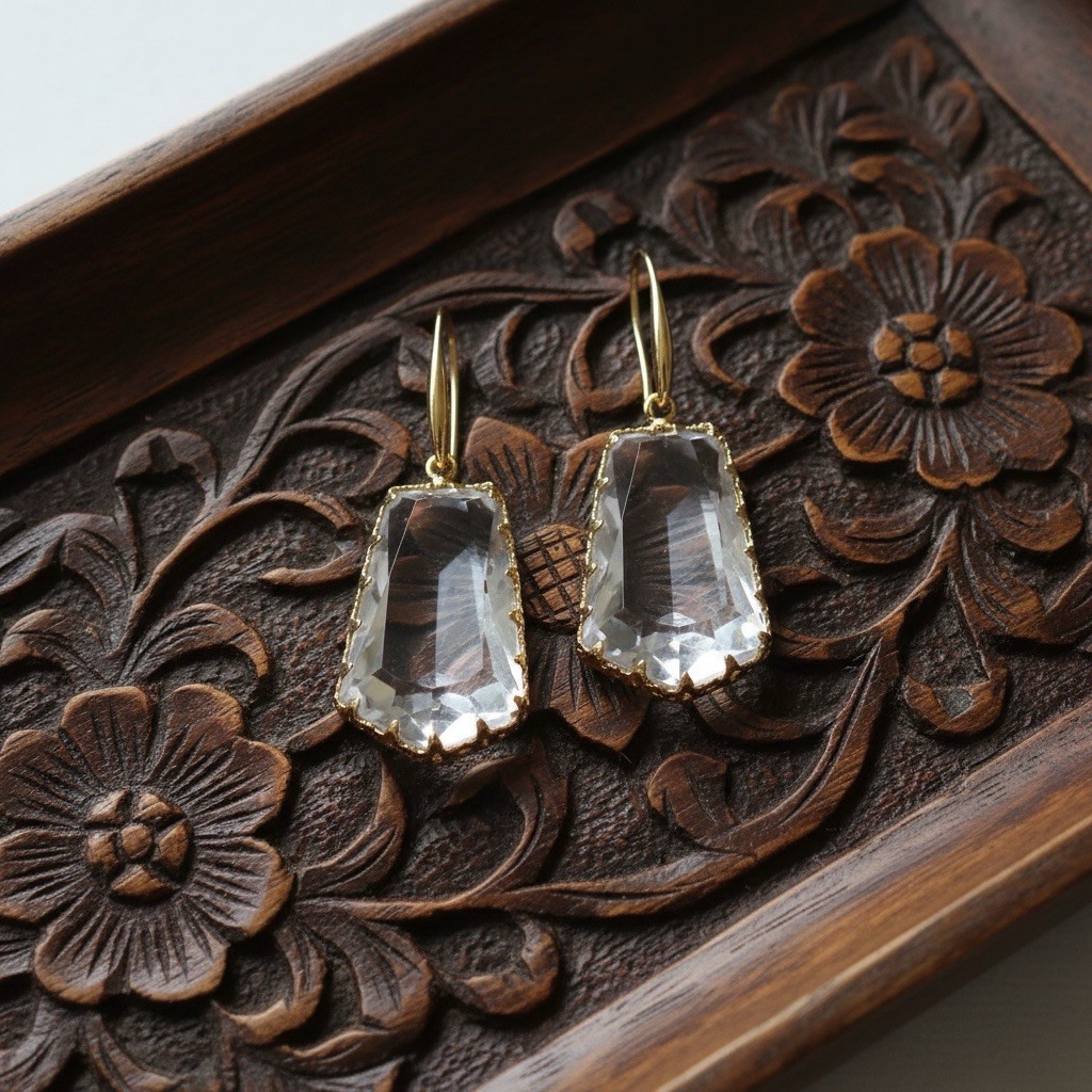 Anthropologie Clear Earrings Geometric Gold Boho Faceted Gemstone Statement VTG