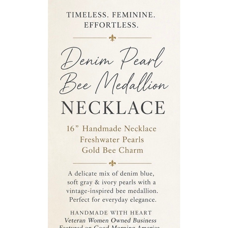 Handmade Bee Medallion Pearl Necklace 16” Gold Tone Blue Gray Ivory Pearls