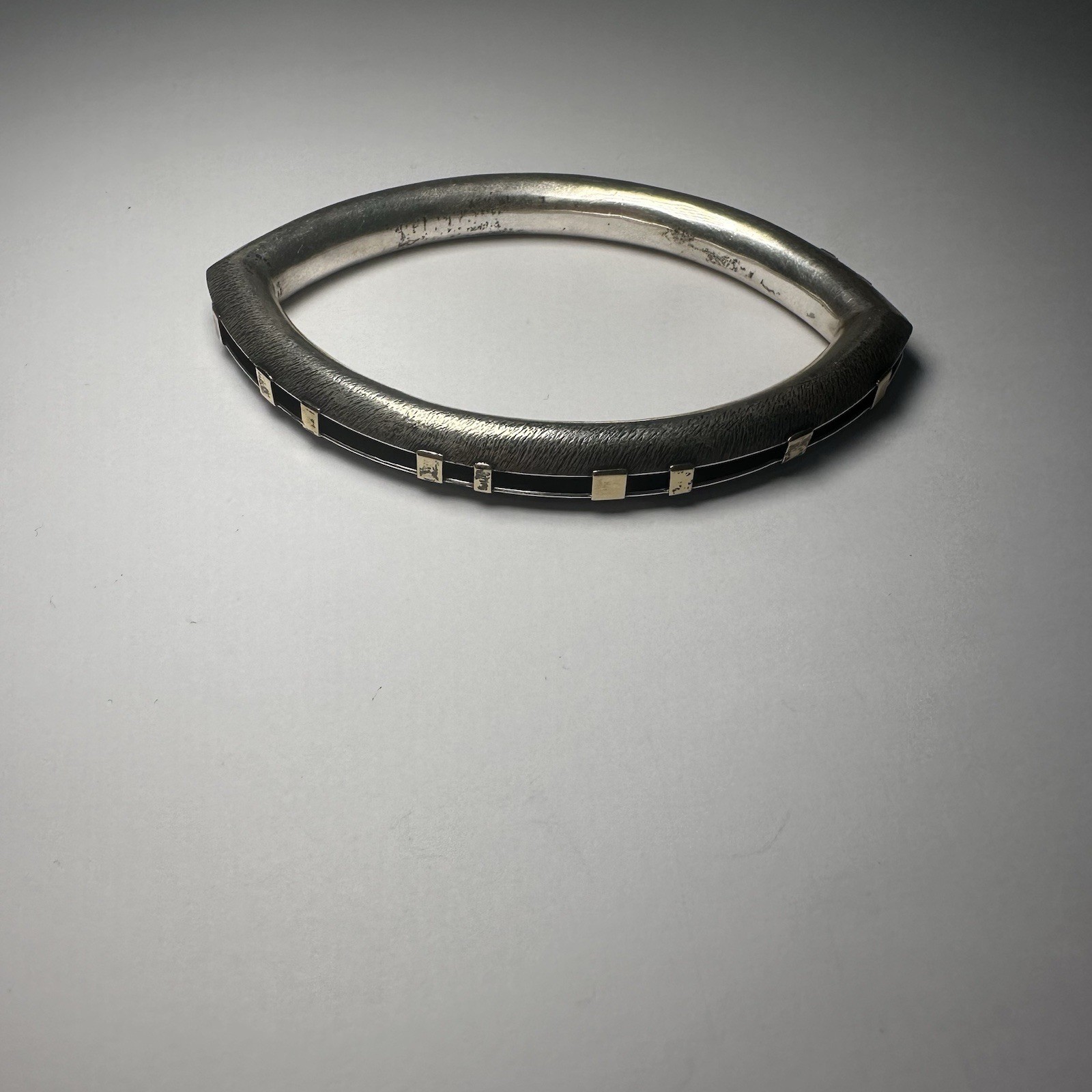 4 inch vintage silver t Bangle bracelet with square accent links, asymmetrical