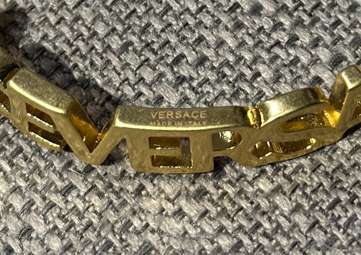 Versace Logo Cuff Bracelet Gold Tone Open Bangle Spellout Designer Luxury