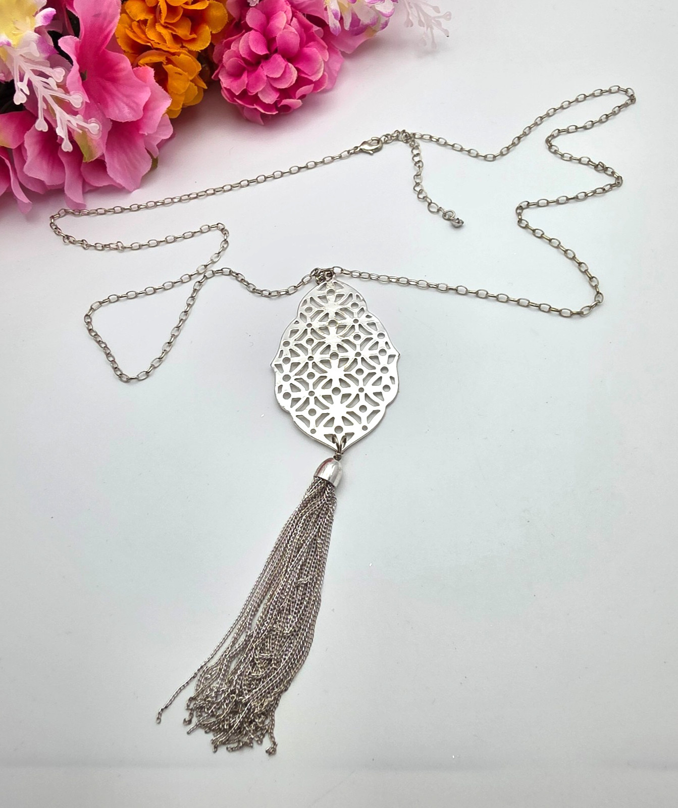 36in Silver Tone Filigree Tassel Pendant Necklace Long Adjustable 6″ Tassel