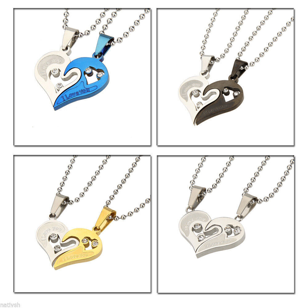 Mens Womens Couple Pendant Necklace His and Hers Gift Stainless Steel Love Heart