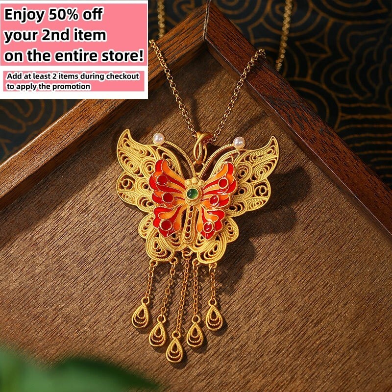 Jade Butterfly Pendant Necklace Charm 18K Gold Plated Retro Dainty Gemstone