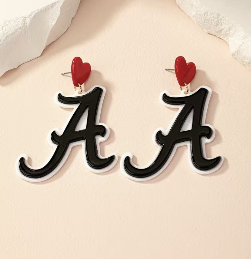 Alabama Crimson Tide Inspired Black Letter A Dangle Earrings