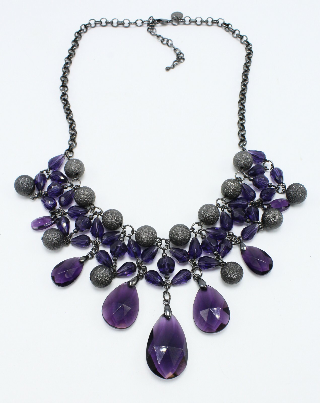 New Gun Metal Tone Statement Necklace with Purple Acrylic Beads #N1010