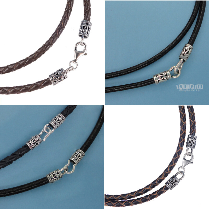 Antiqued Sterling Silver Round Genuine Leather Cord Necklace, Hook/Lobster Clasp
