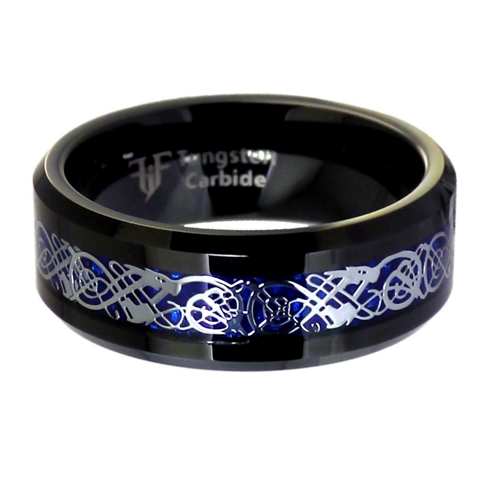 Black Tungsten Blue Carbon Fiber Celtic Dragon Ring Size 6-17 Mens Womens 8mm