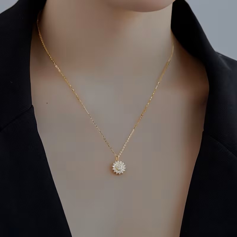 Gold Sunflower Pendant Necklace Rotating Charm Dainty Floral Jewelry Gift