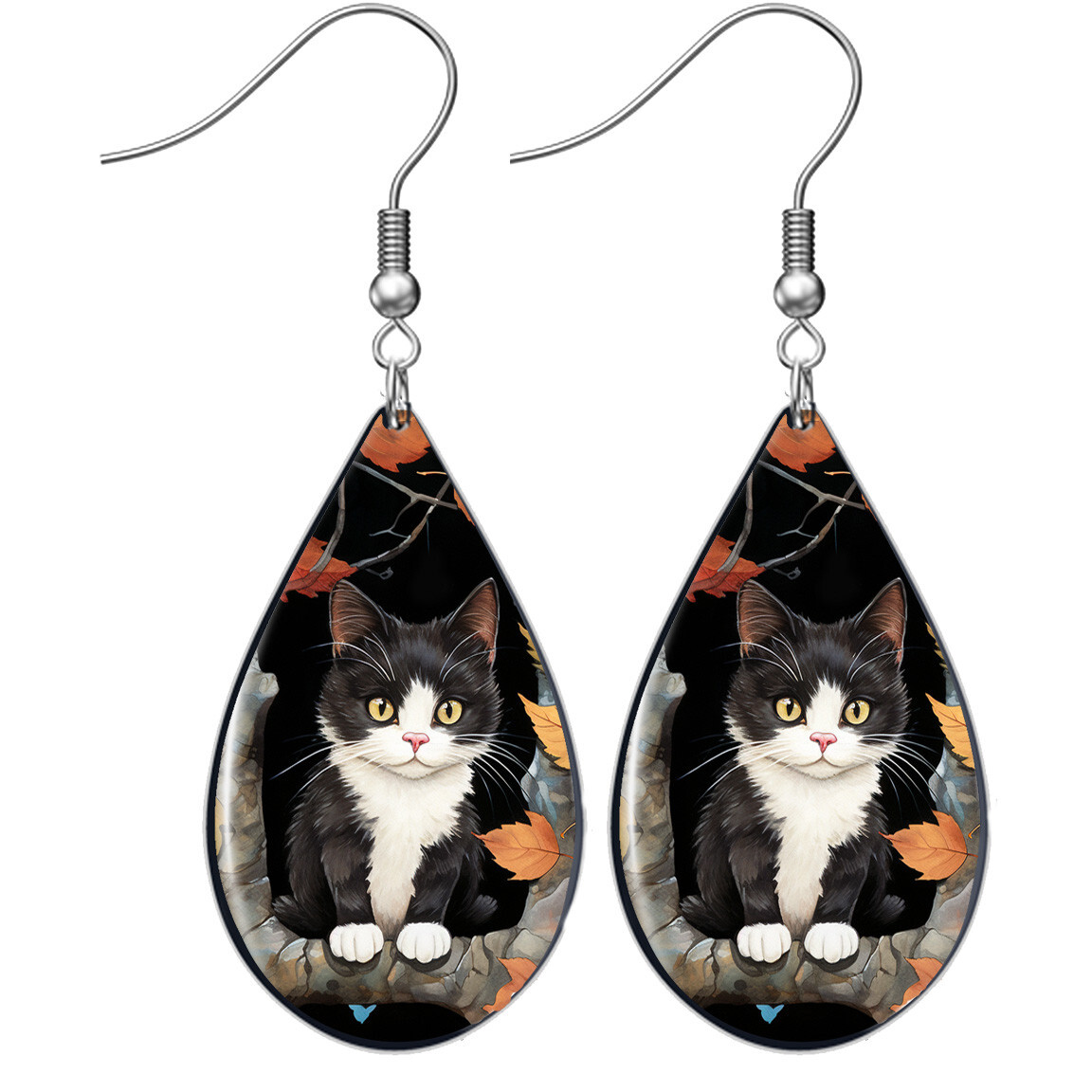 Tuxedo Kitten Earrings Autumn Photo Art Print Teardrop Sterling Cat Lover Gift
