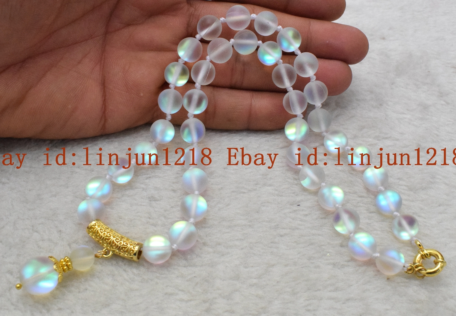 Fashion 10mm White Gleamy Rainbow Moonstone Round Gemstone Pendant Necklace 18”