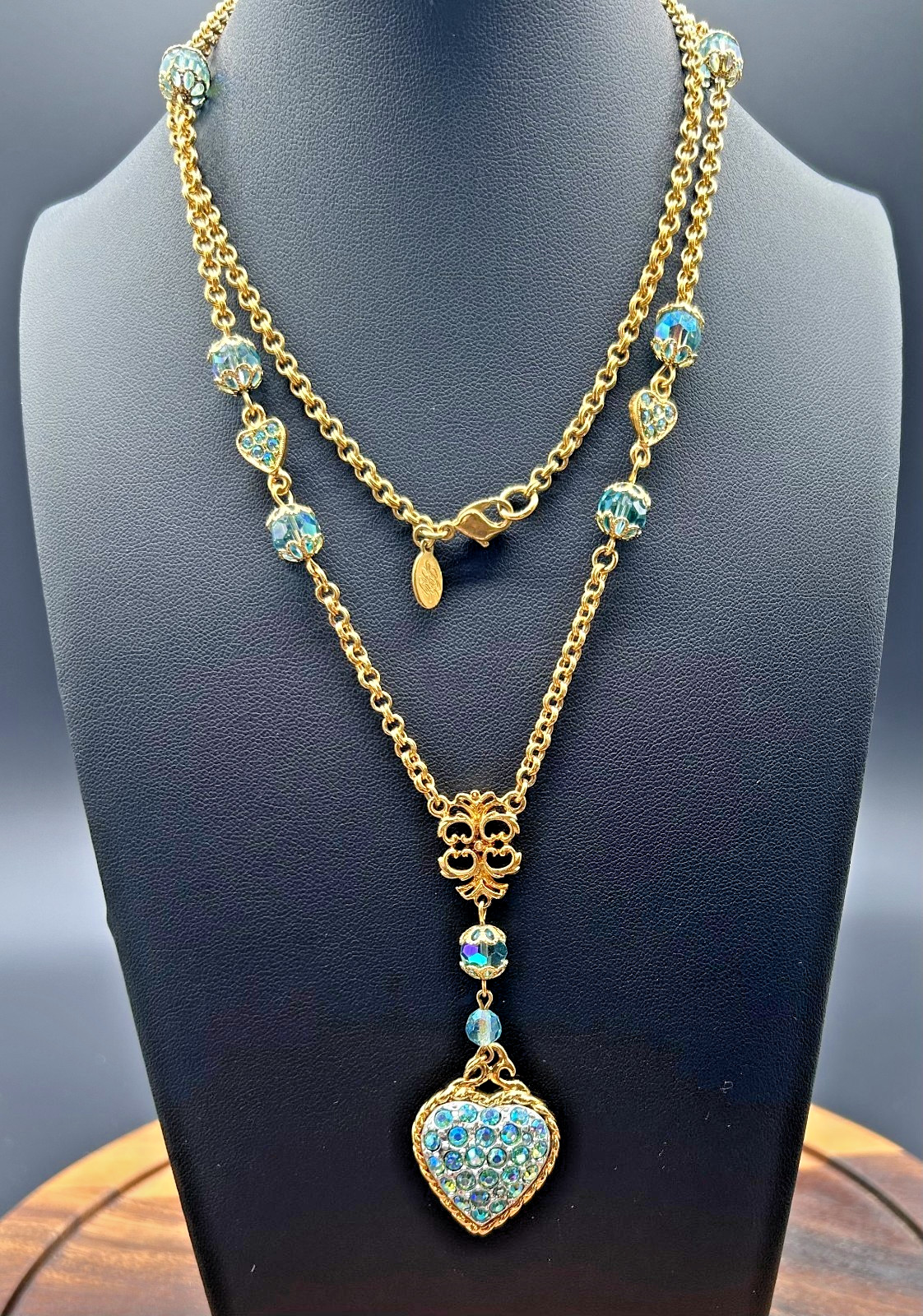 Vintage 1990s Kirks Folly Gold Tone Aurora Borealis Blue Crystal Heart Pendant