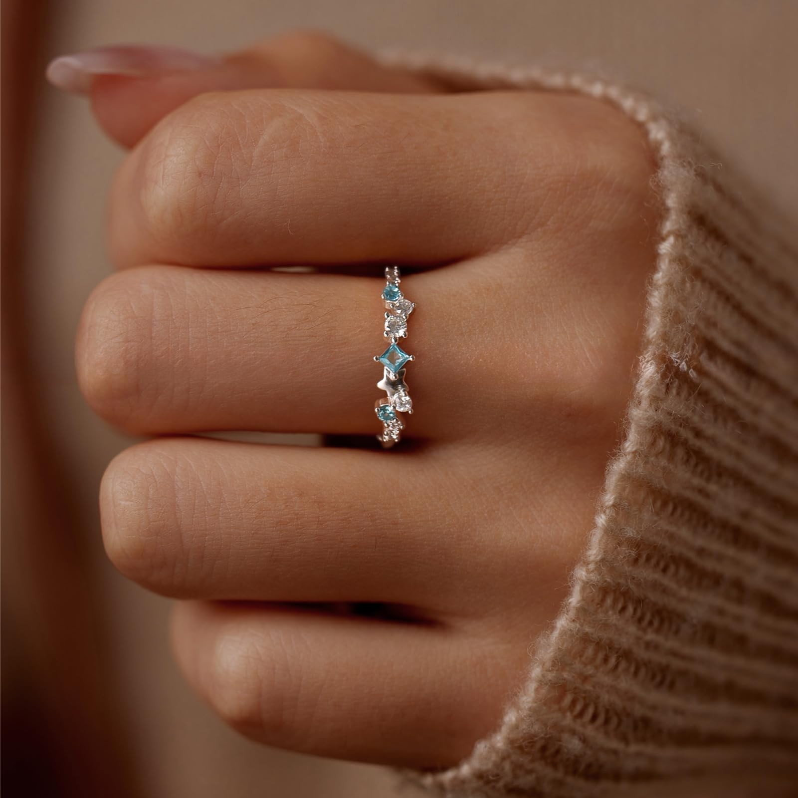 S925 Sterling Silver Aquamarine Ring for Women, Star Blue CZ Stackable Births…