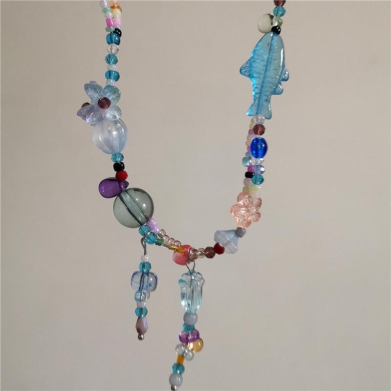 Orange Ceramic Fish Starfish Pendant Beaded Choker Necklace Boho Vacation