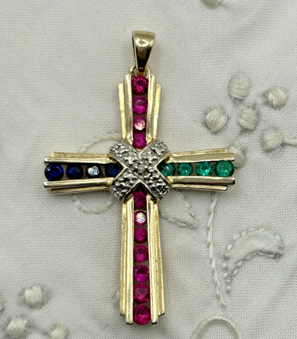 ROSS SIMONS 925 Sterling Silver Sapphire Emerald Ruby Diamond Cross Pendant