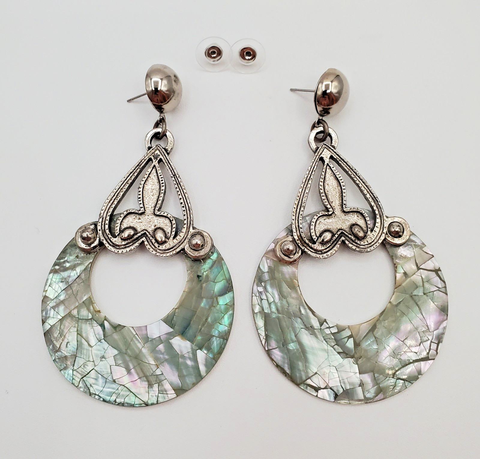 DLH Depose Earrings 3.5in Huge Pewter Iridescent Mosaic MOP Abalone VTG Estate