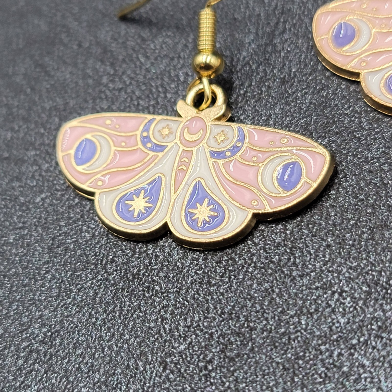 Moth Pierced Earrings Gold tone Pink Purple White Enamel Dangle 5/8″