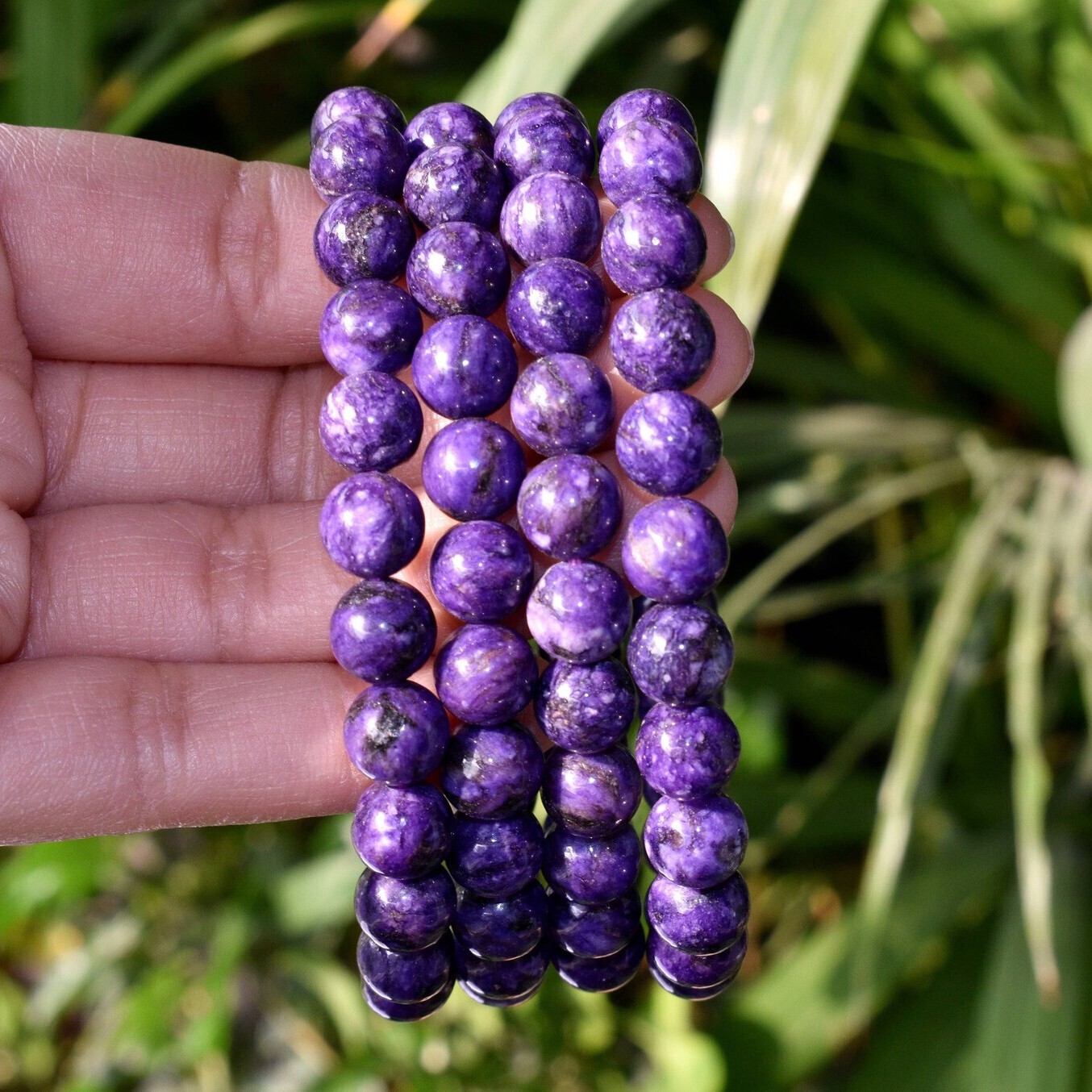 Natural Charoite Stone Beaded Bracelet Purple Gemstone Stretch Bracelet Handmade