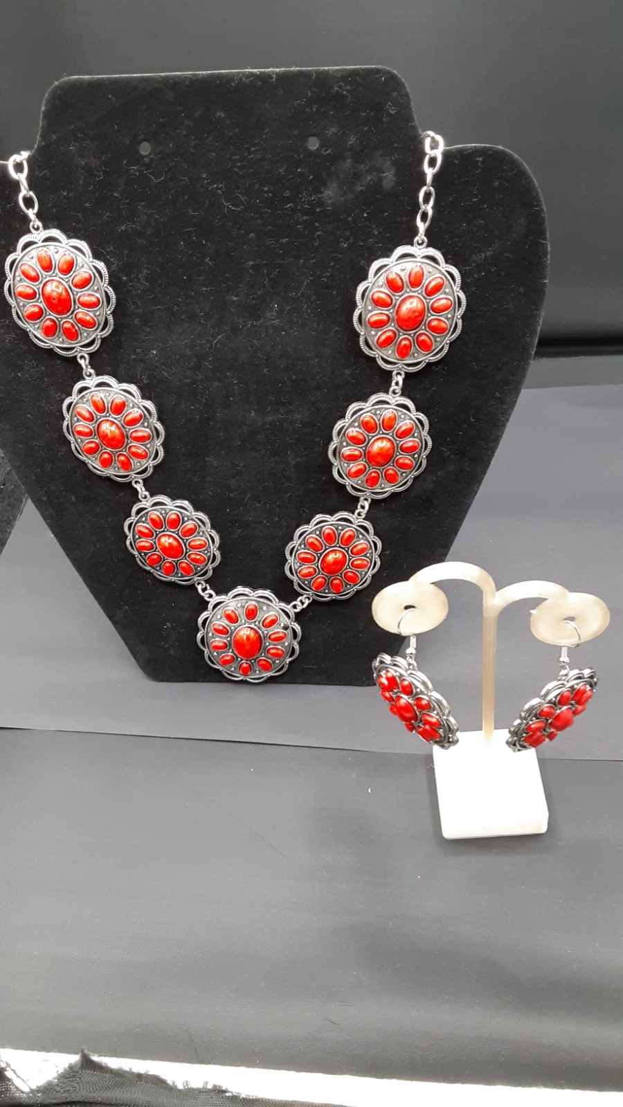 Red Howlite Necklace & Earrings Black Oxidized Silvertone, Stainless Steel 22In