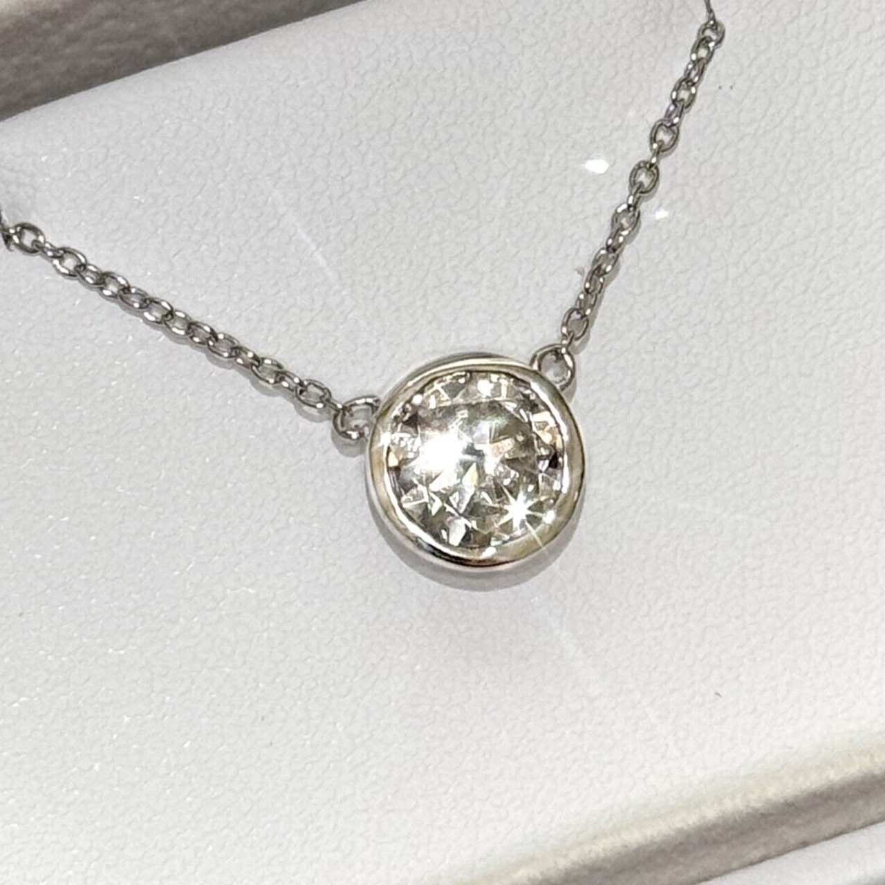 Bezel Set Moissanite Round Solitaire Necklace – 925 Silver or 14k Gold
