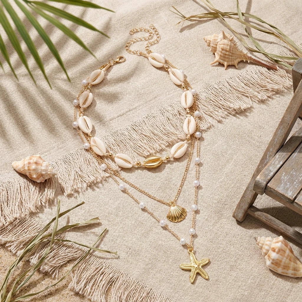 Boho Multilayer Starfish Shell Conch Pendant Necklace For Women Trendy Summer Be