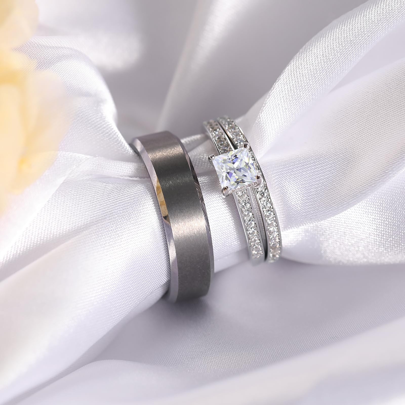 Promise Rings for Couple – Princess Cut Fake Engagement Ring Set & Men’s Tung…