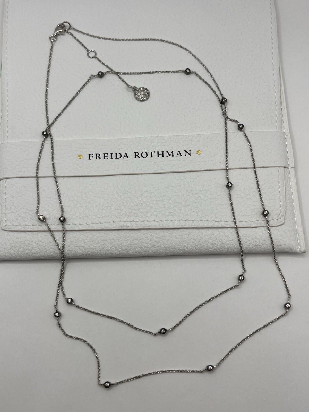 Freida Rothman Silver & Black CZ Bezel Set Station Necklace 36 Inch w/ Extender