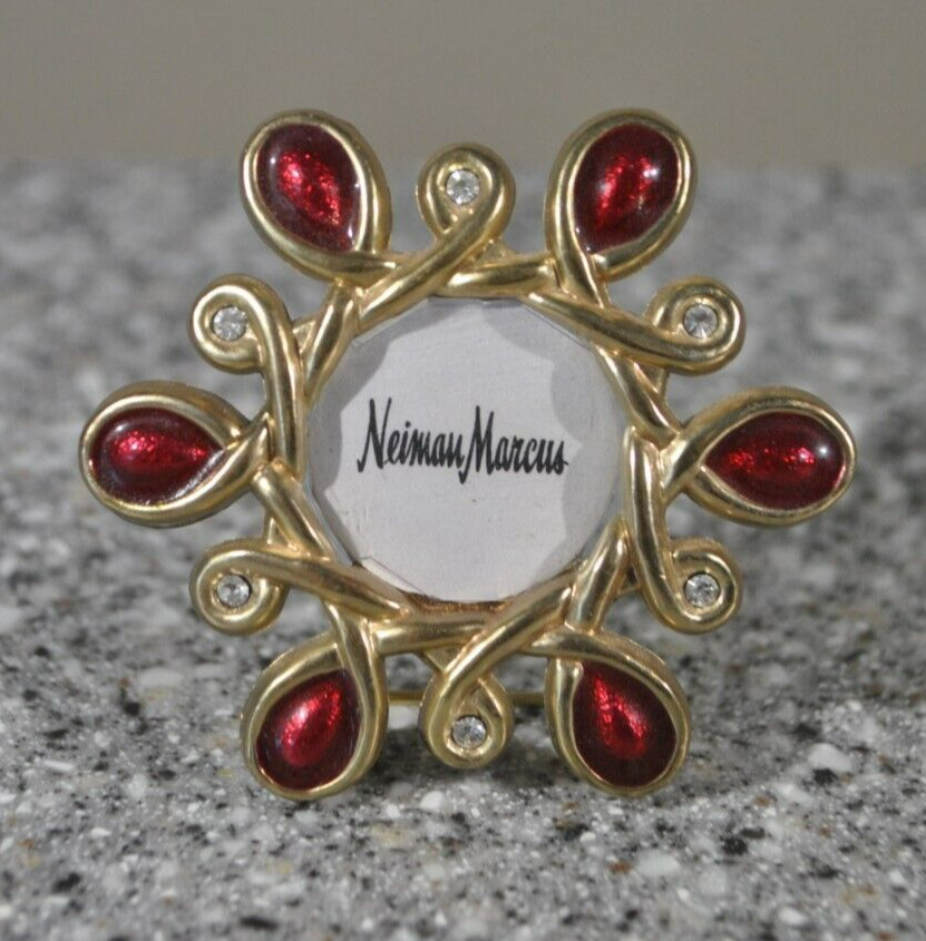Jay Strongwater Clip On Brooch Picture Frame Neiman Marcus Gold Tone Red Pin Vtg