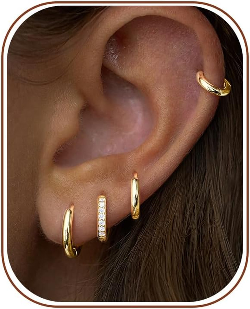 Small Gold Huggie Hoop Earrings Set for Women Men Hypoallergenic 14K Plated Stac