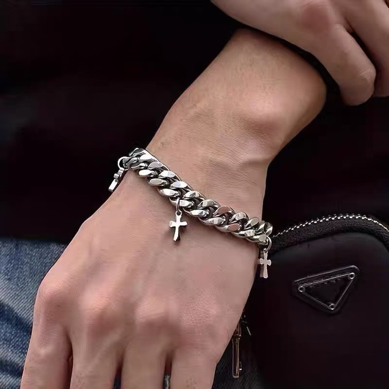 Silver Titanium Steel Alloy Thick Cuban Bracelet Charms Unisex Wrist Jewelry