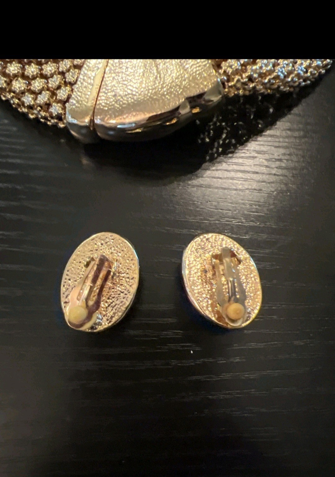 Gold Tone Mesh Necklace Bracelet & Clip-On Earrings Set Oval Orange Cabochons