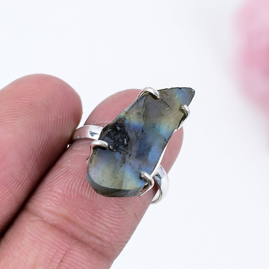 Rough Firey Labradorite 925 Silver Plated Handmade Ring Of Us Size 7