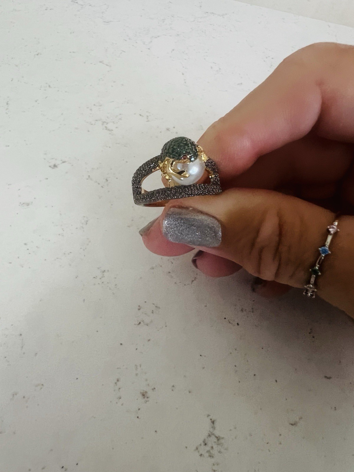 Gold Tone Frog Cocktail Ring Simulated White Pearl & Green/Blue Crystal Size 7