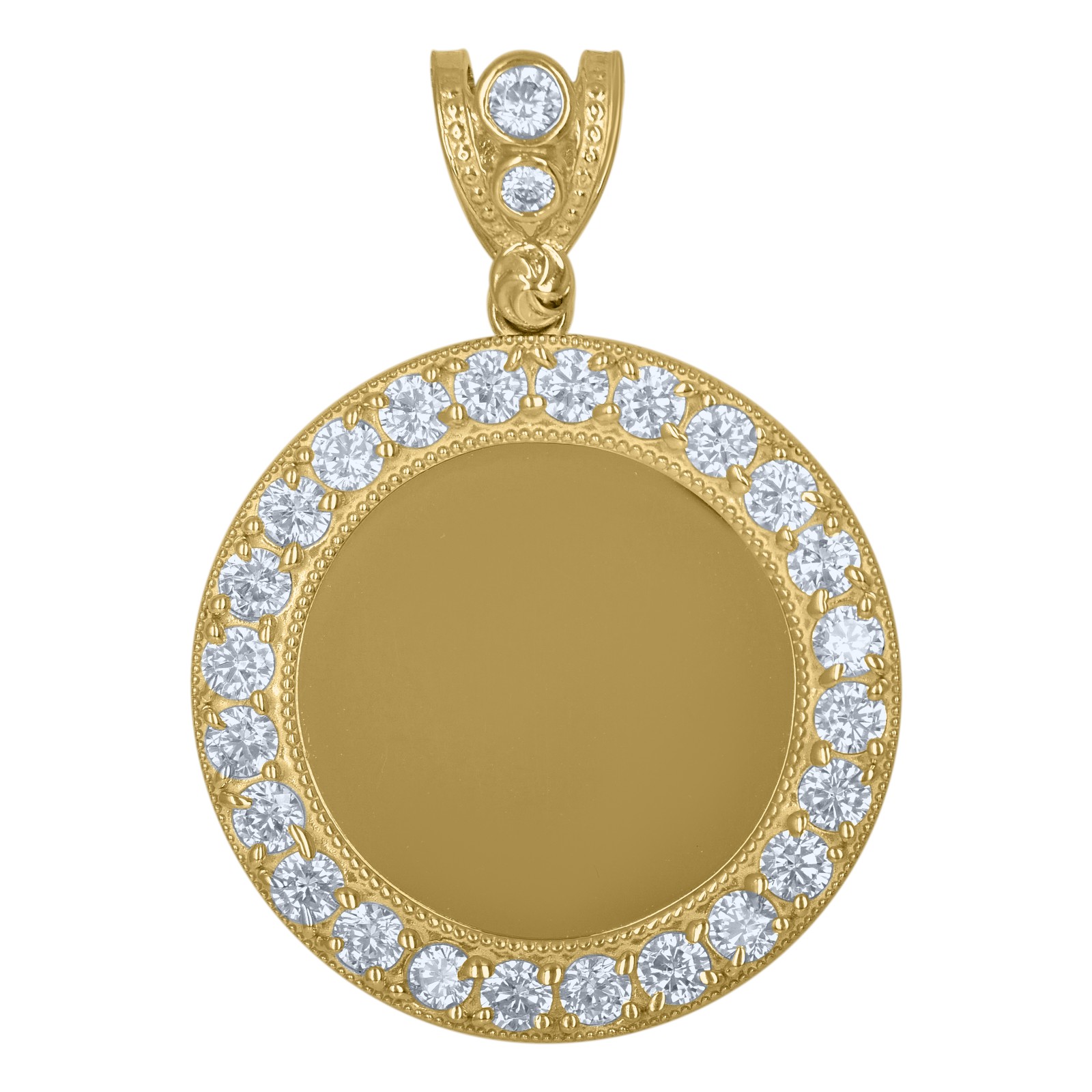 10K Yellow Gold CZ Men’s 1.50″ Beaded Border Circle Picture Memory Frame Pendant