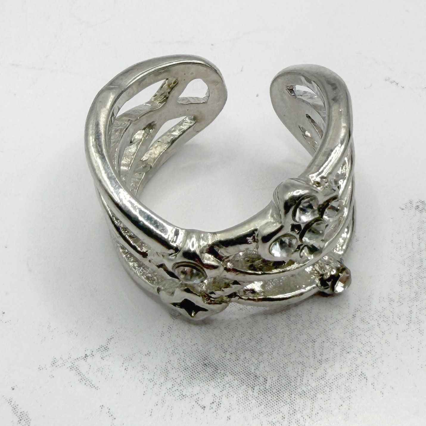 Silver Tone Wrap Ring Size 8 Floral Cluster Clear Rhinestone Band