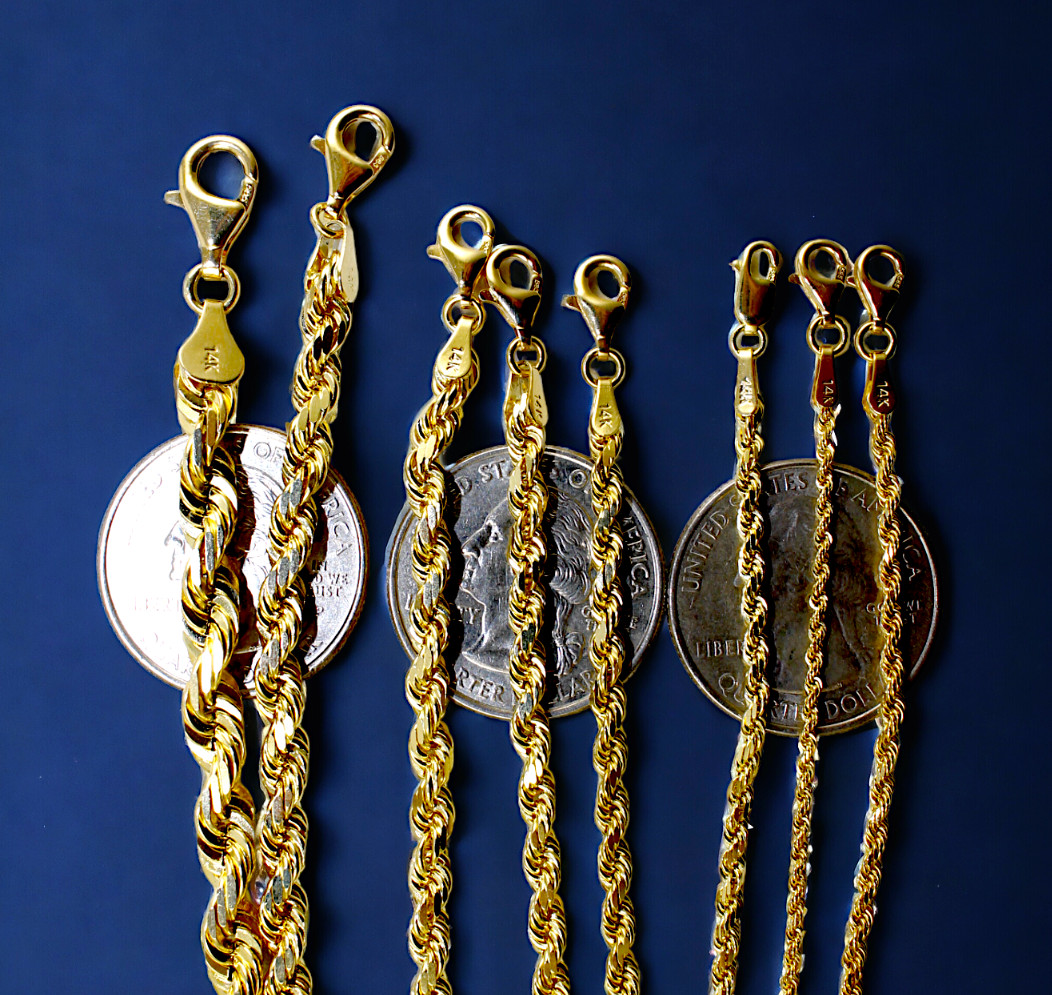14K Yellow Gold Solid Rope Chain Necklace Diamond Cut Real Gold 1mm-12mm 16″-30″
