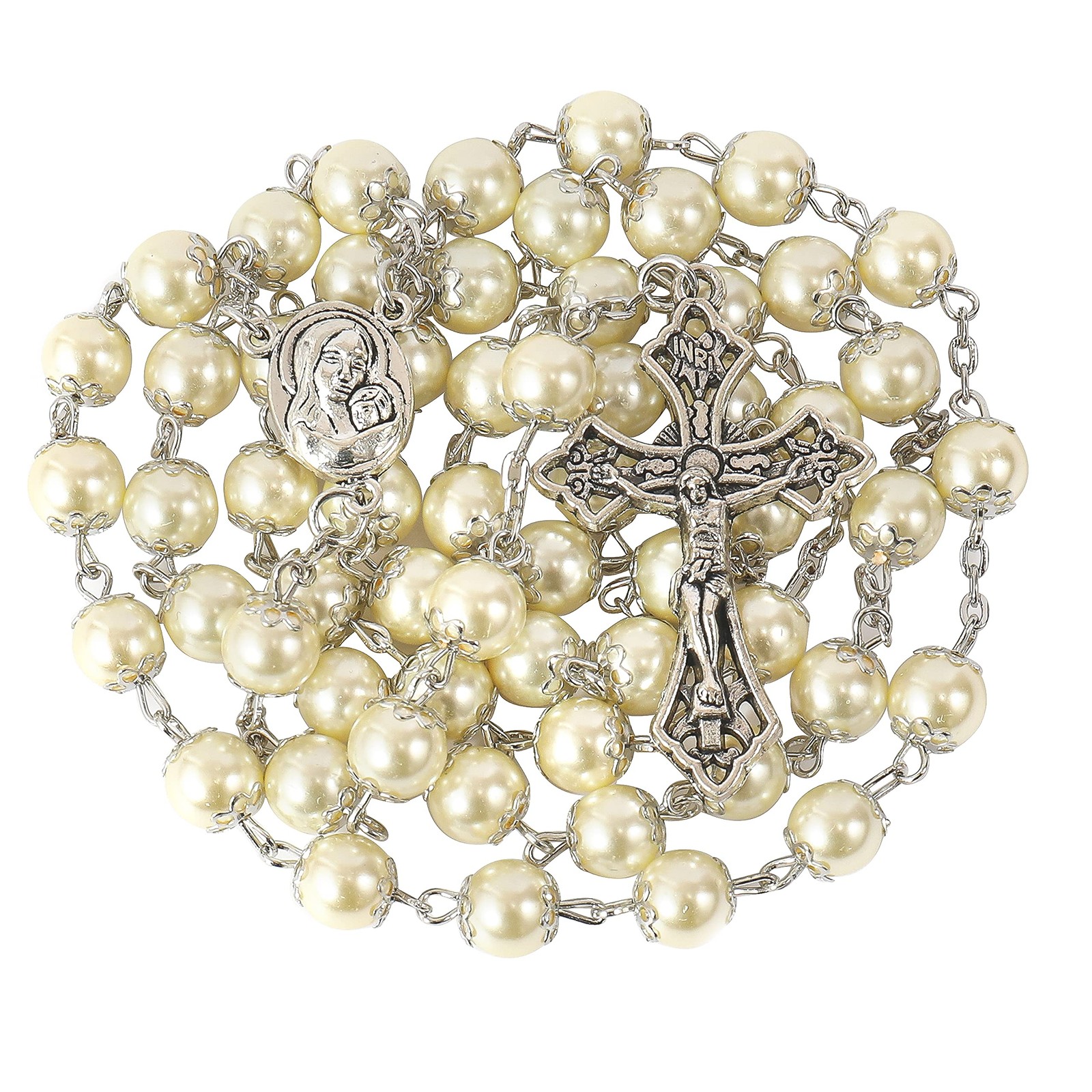 Collar rosario con medallón y cruz de cuentas color crema perla