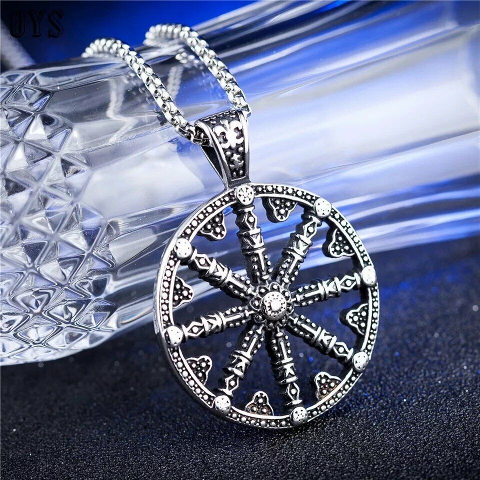 SMITH Mens Womens Good Luck Buddhist Amulet Dharma Wheel Pendant Necklace Chain
