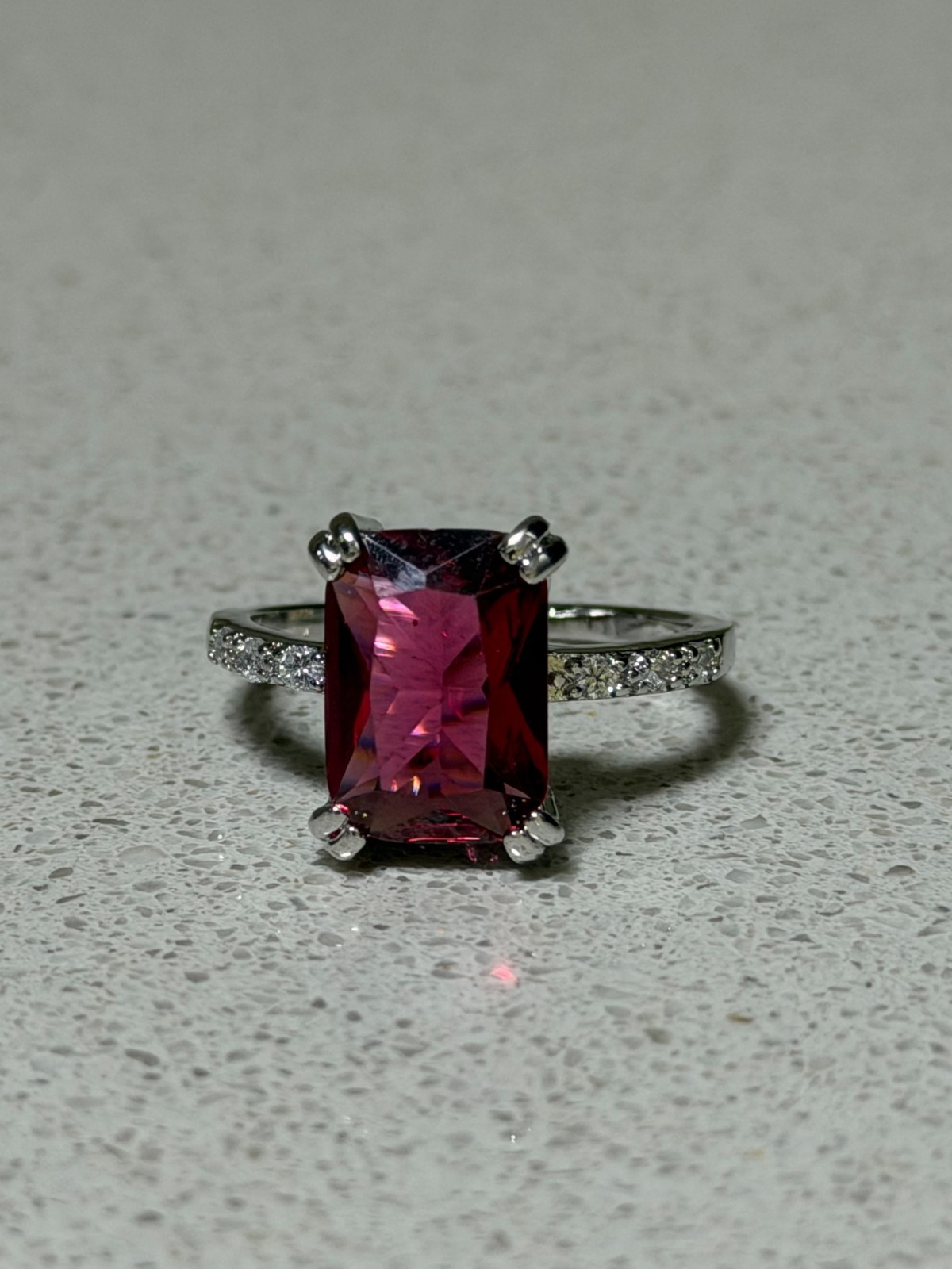 Emerald Shape Red Gemstone Ring With Side Stones Size 11