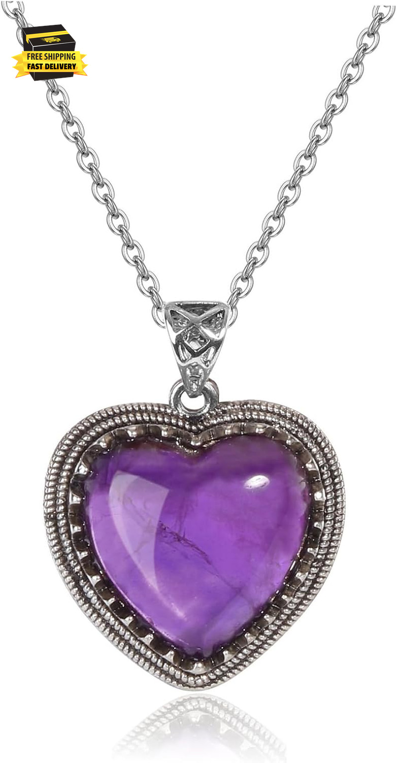 Amethyst Crystal Heart Pendant Necklaces for Women Retro Natural Healing Crystal