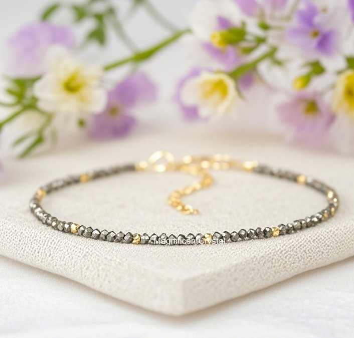 Natural Pyrite Stone Dainty Bracelet 2mm Gemstone Women Jewelry Mothers Day Gift